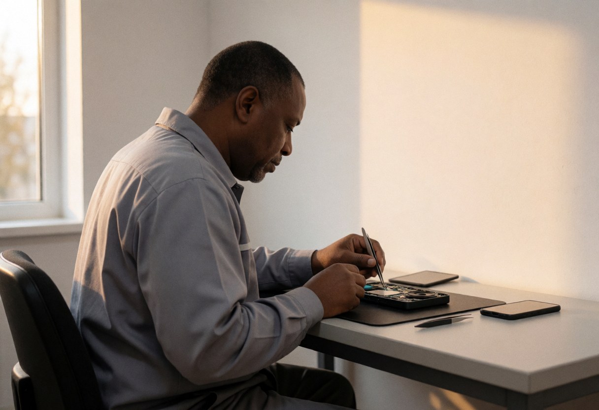 Technicien en réparation de téléphone utilisant des pinces pour installer un composant sur une table propre sous une lumière chaude devant un mur blanc.