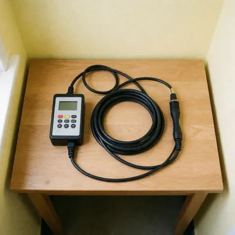 Ensemble d'outils pour l'inspection des conduits avec contrôleur et câble noir posés sur une table en bois clair, fond jaune lumineux.