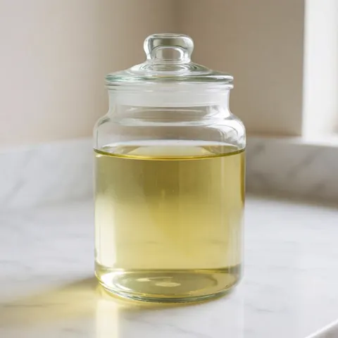 Pichet en verre avec couvercle contenant un liquide jaune translucide posé sur un comptoir en marbre blanc veiné de gris éclairé par une lumière naturelle douce.
