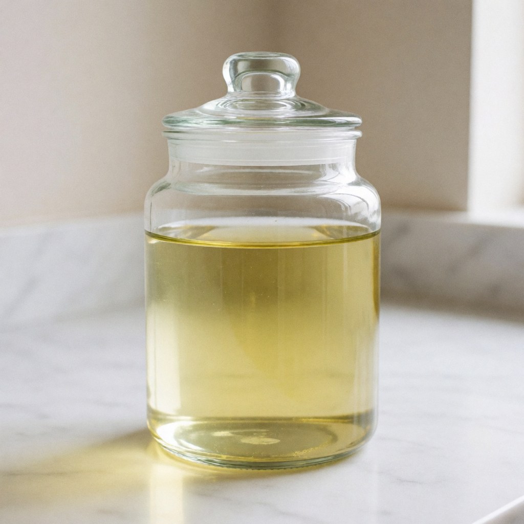 Pichet en verre avec couvercle contenant un liquide jaune translucide posé sur un comptoir en marbre blanc veiné de gris éclairé par une lumière naturelle douce.