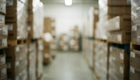 Couloir d'entrepôt flou en arrière-plan, idéal pour ajouter du texte commercial. Éclairage doux et professionnel sur les produits.