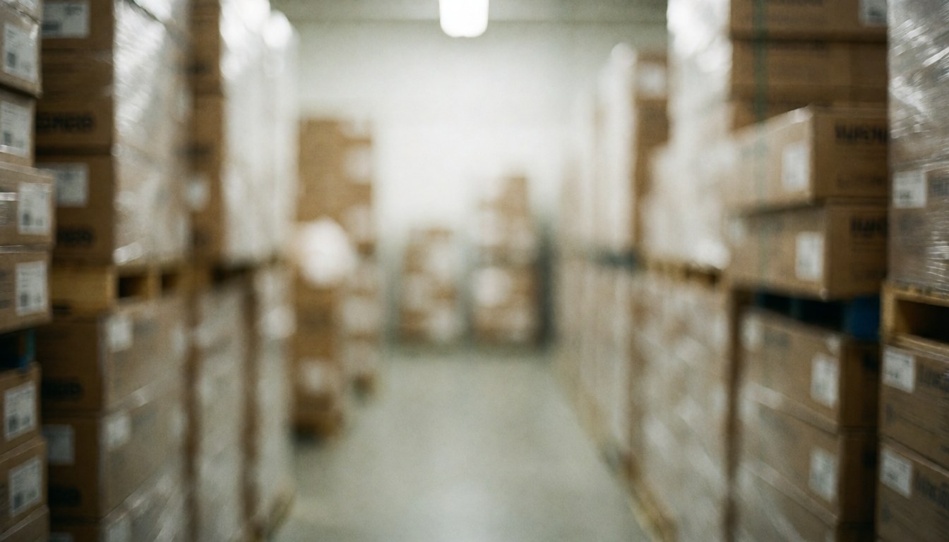 Couloir d'entrepôt flou en arrière-plan, idéal pour ajouter du texte commercial. Éclairage doux et professionnel sur les produits.