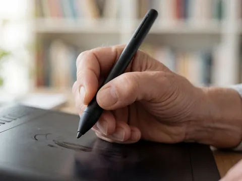 Une main adulte utilise un stylet noir sur une tablette graphique avec des livres en arrière-plan sous un éclairage naturel doux.