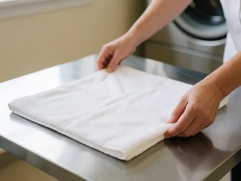 Des mains d'adulte plient une serviette blanche sur une table en acier inoxydable, avec un arrière-plan flou de machines de blanchisserie et des murs beige.