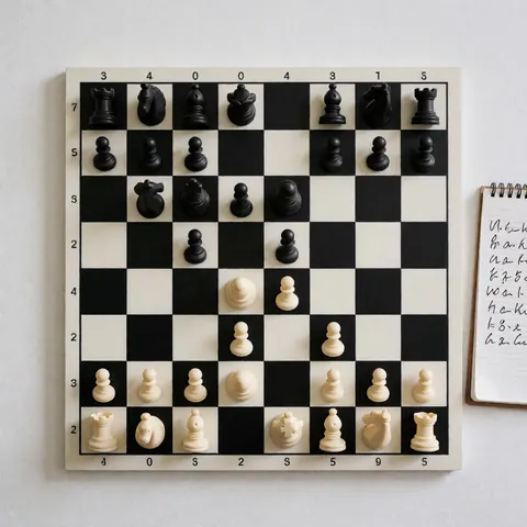 Un échiquier montrant une position de jeu, accompagné d'un bloc-notes contenant des annotations manuscrites de coups, posé sur un fond blanc.