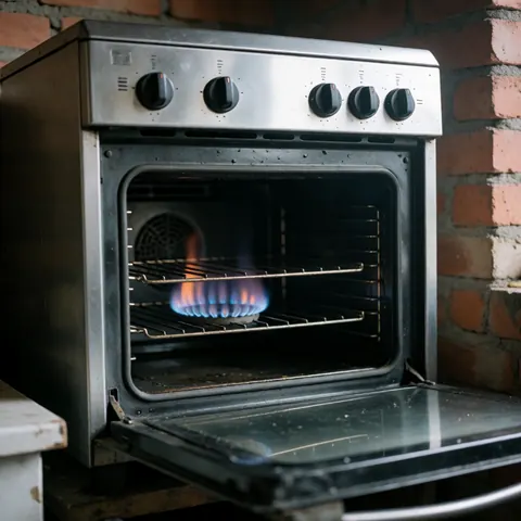 Une casserole en métal posée sur une plaque de cuisson à gaz allumée, émettant une flamme bleue, dans une cuisine aux murs de briques rouges.