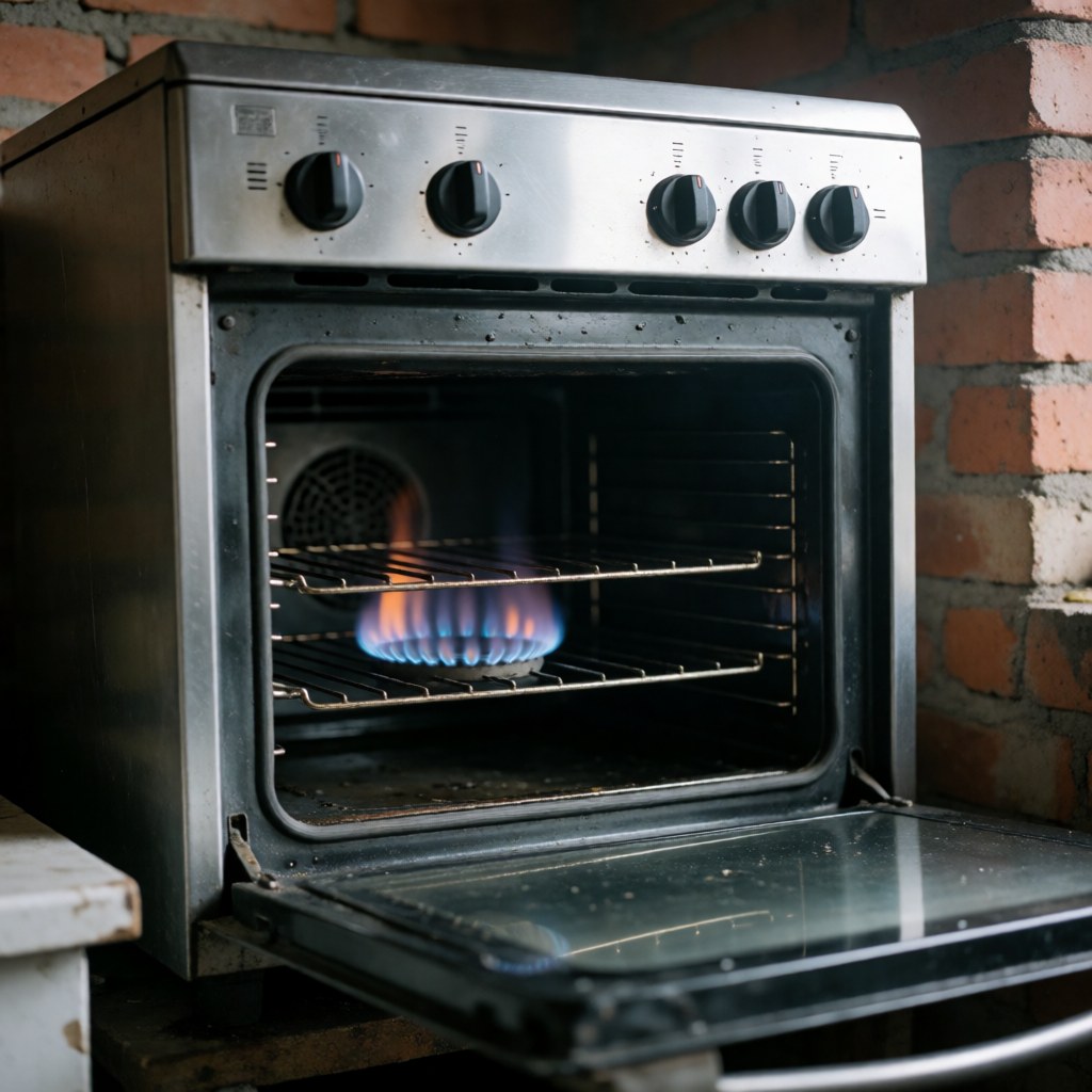 Une casserole en métal posée sur une plaque de cuisson à gaz allumée, émettant une flamme bleue, dans une cuisine aux murs de briques rouges.
