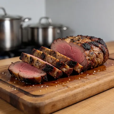 Épaisses tranches de viande grillée aux bords carbonisés et au centre rosé posées sur une planche en bois rustique avec des casseroles en arrière-plan flou.