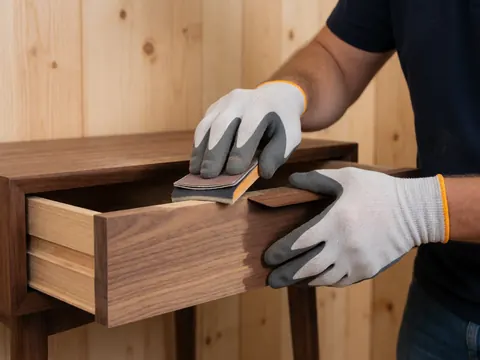 Une main portant un gant utilise une ponceuse sur du bois de noyer pour réparer un meuble, montrant le détail du travail.