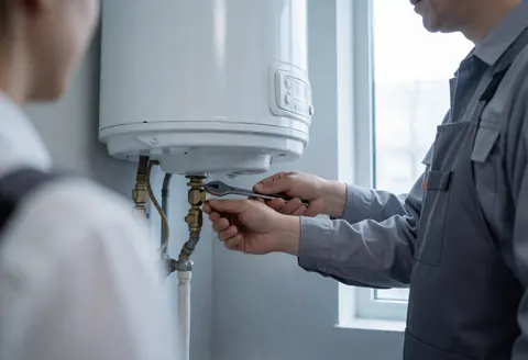 Un technicien en veste grise ajuste la vanne de vidange d'un chauffe-eau électrique blanc près d'une fenêtre éclairée par la lumière naturelle.
