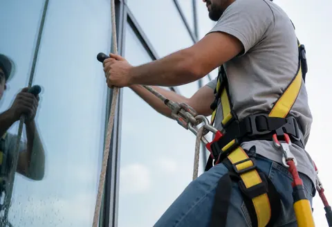 Un ouvrier en harnais descend le long de la façade en verre d'un bâtiment, avec son reflet visible sur les vitres et le ciel bleu en arrière-plan.