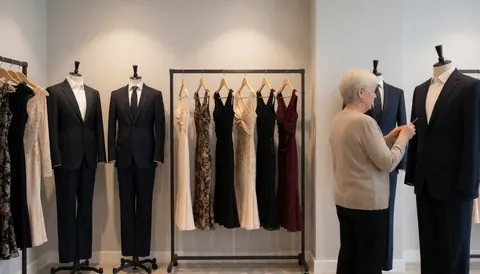 Une femme mûre examine attentivement un costume de tango sur un mannequin dans une boutique de mode élégante.