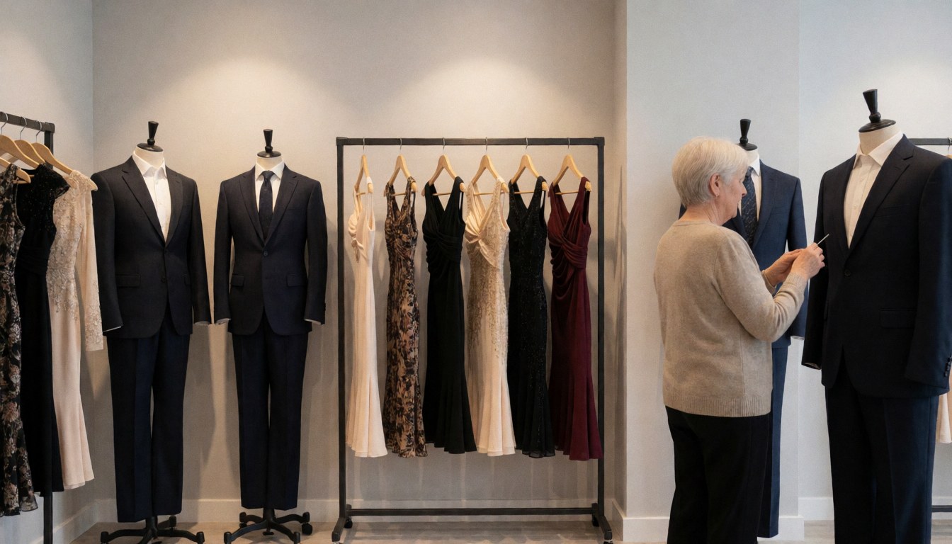 Une femme mûre examine attentivement un costume de tango sur un mannequin dans une boutique de mode élégante.