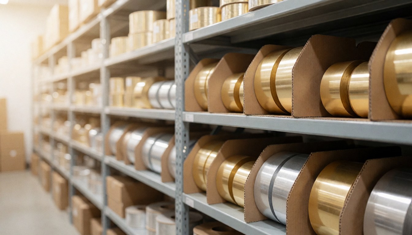 Des étagères d'entrepôt contenant des rouleaux de ruban doré et argenté dans des cartons, avec une lumière chaude et un arrière-plan flou.