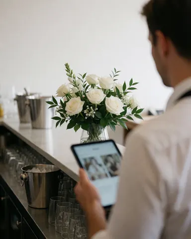 Un client examine un arrangement floral composé de roses blanches et de verdure dans un bar avec des verres et des glaçons, sous un éclairage naturel doux.