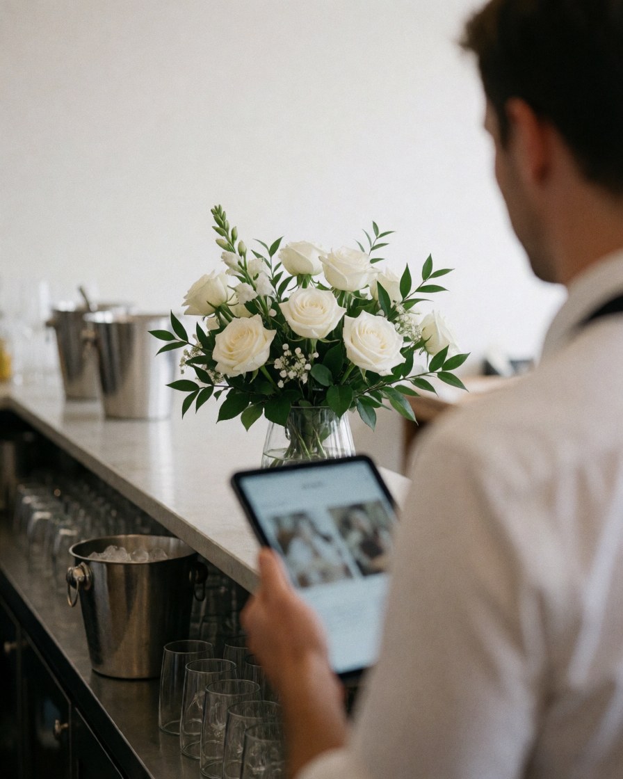 Un client examine un arrangement floral composé de roses blanches et de verdure dans un bar avec des verres et des glaçons, sous un éclairage naturel doux.