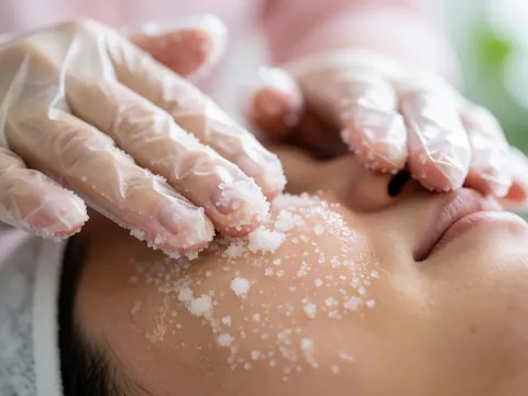 Des mains portant des gants appliquent un produit exfoliant granuleux sur une peau hydratée, dans le cadre d'un soin de nettoyage facial.