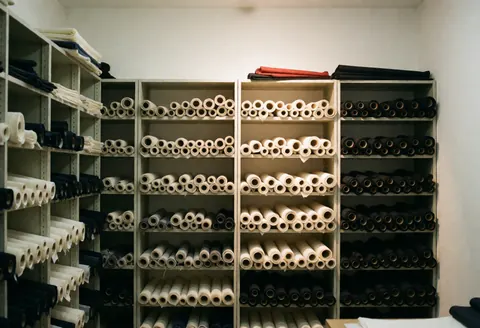 Rangements organisés contenant des rouleaux de toile et de tissus destinés à la réparation de chemises, dans un atelier professionnel aux murs blancs.