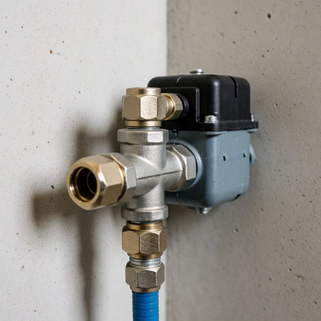 Vanne d'eau équipée d'un solénoïde, montée sur un mur en béton avec des connexions métalliques et un tuyau bleu. L'éclairage doux met en valeur les textures des matériaux.