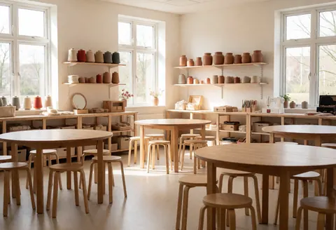 Vue d'un atelier d'artisanage lumineux comportant des tables rondes en bois et des étagères remplies de matériaux, baigné de lumière naturelle par les fenêtres.