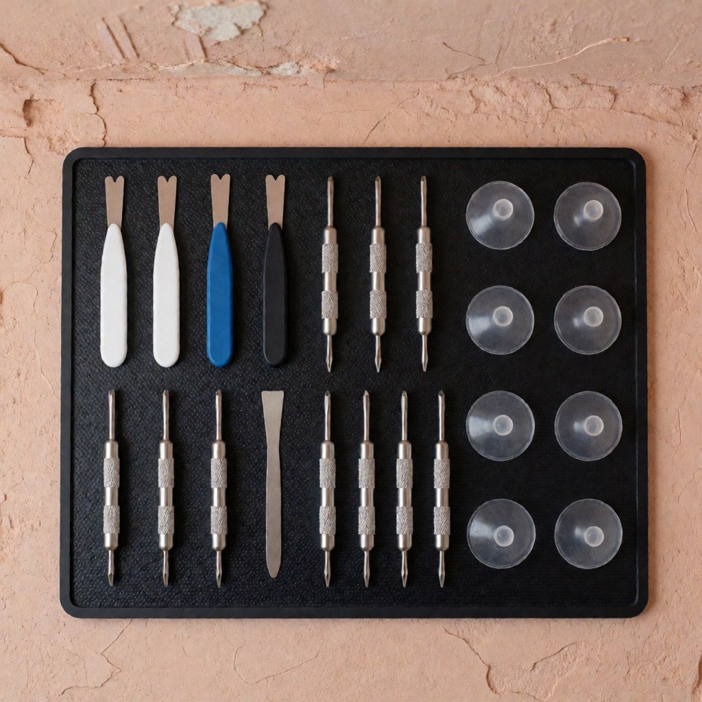 Ensemble d'outils de réparation de smartphones, incluant spatules, tournevis et ventouses, disposés sur un tapis magnétique noir, idéal pour les ateliers de réparation.