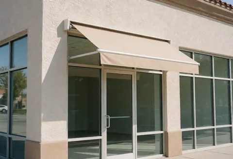 Auvent beige rétractable ouvert sur l'entrée d'un commerce avec murs en enduit et vitres, baigné de lumière solaire vive.