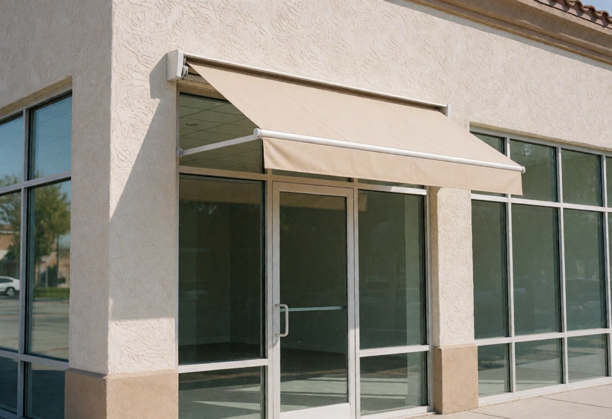 Auvent beige rétractable ouvert sur l'entrée d'un commerce avec murs en enduit et vitres, baigné de lumière solaire vive.