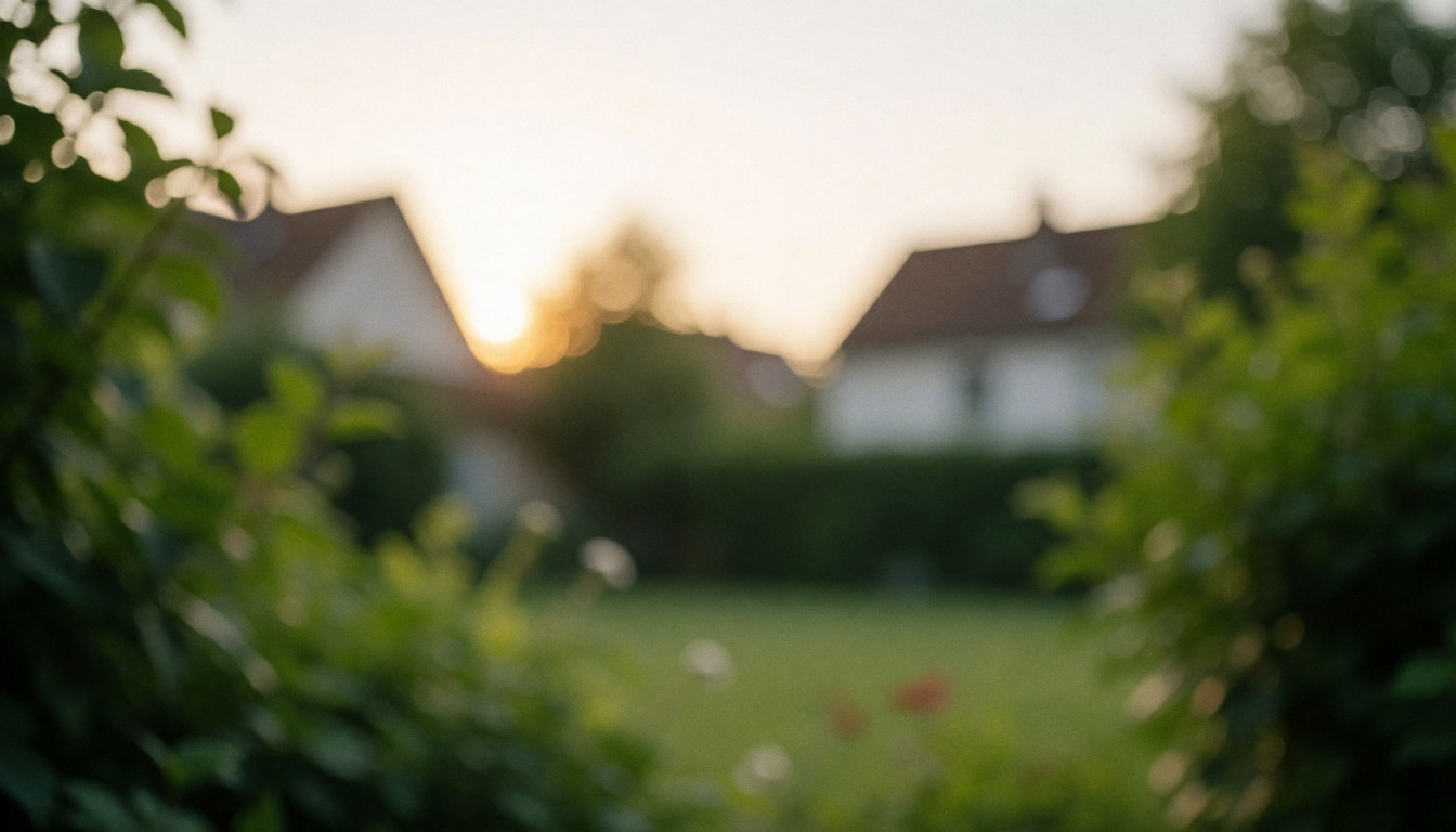 Arrière-plan flou d'un jardin avec pelouse, arbustes et maisons au crépuscule, idéal pour superposer du texte sur des services de tennis.