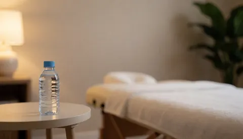 Fond pour texte montrant une table de massage recouverte de serviettes, une bouteille d'eau, une plante et une lampe créant une ambiance chaleureuse et relaxante.