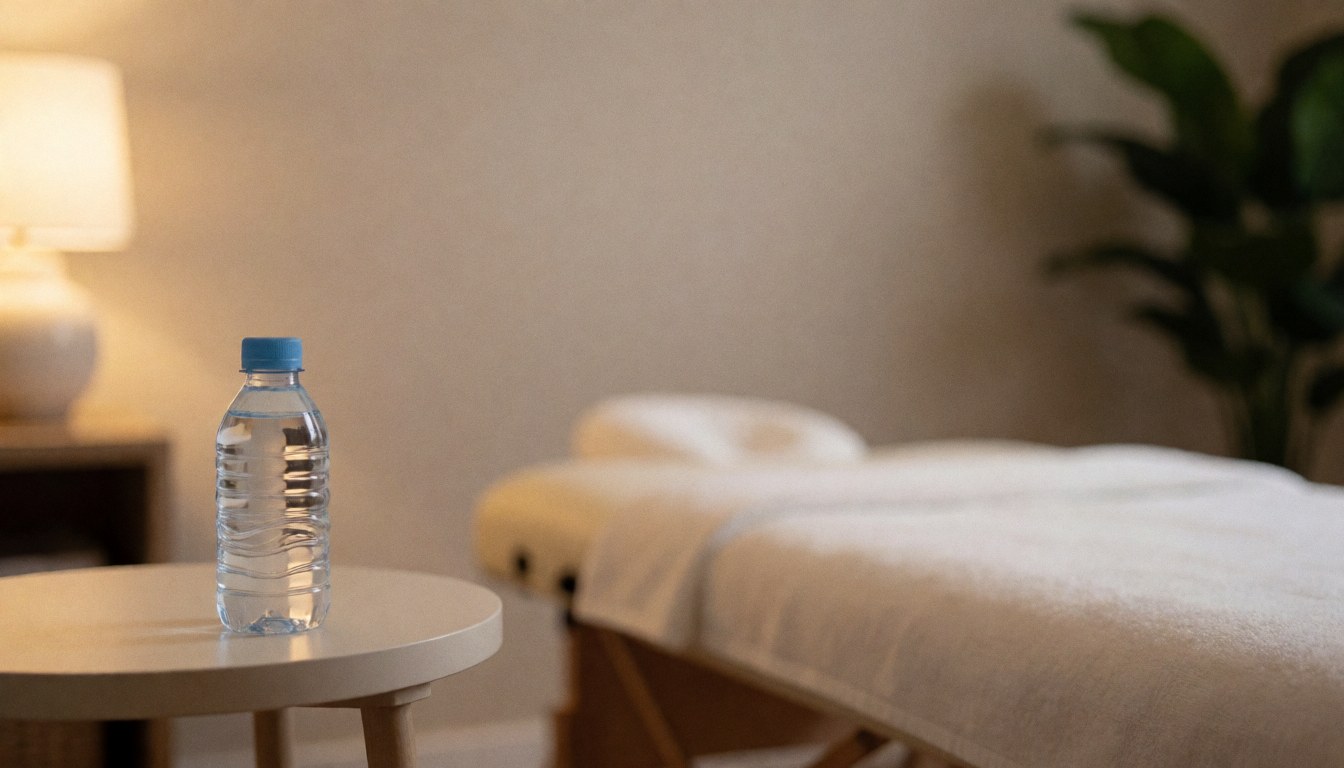 Fond pour texte montrant une table de massage recouverte de serviettes, une bouteille d'eau, une plante et une lampe créant une ambiance chaleureuse et relaxante.