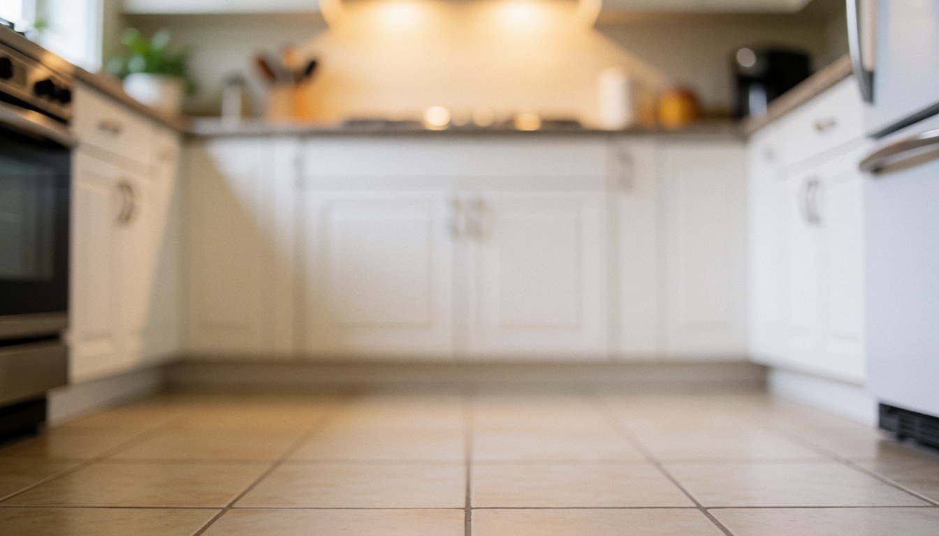 Arrière-plan de cuisine moderne avec placards blancs, sol en carreaux et éclairage chaleureux, idéal pour textes ou logos commerciaux.