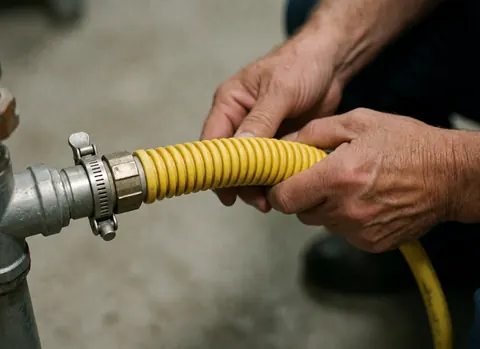 Ajustement détaillé d'un tuyau flexible jaune sur un tube métallique avec une pince, mains travaillant sur une connexion de gaz, fond en béton flou.