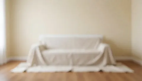 Fond de salon avec canapé tapissé de tissu blanc, murs beige et sol en bois, idéal pour textes et design.