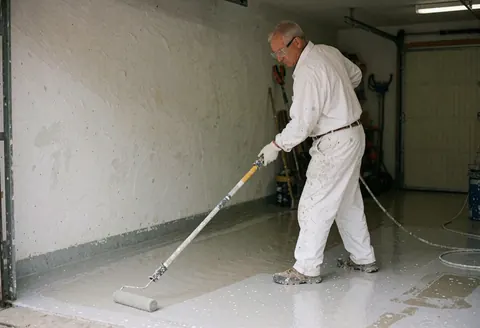 Un peintre applique de la résine brillante au sol d'un garage à l'aide d'un long rouleau. Il porte un uniforme blanc et des lunettes de sécurité, avec des outils visibles en arrière-plan.