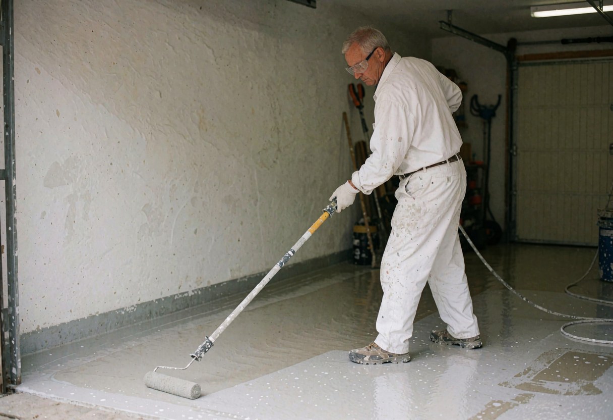 Un peintre applique de la résine brillante au sol d'un garage à l'aide d'un long rouleau. Il porte un uniforme blanc et des lunettes de sécurité, avec des outils visibles en arrière-plan.