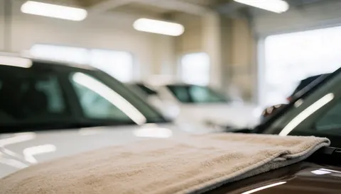 Serviette en microfibre posée sur le capot d'une automobile dans un atelier de lavage avec des véhicules flous en arrière-plan et un éclairage lumineux.