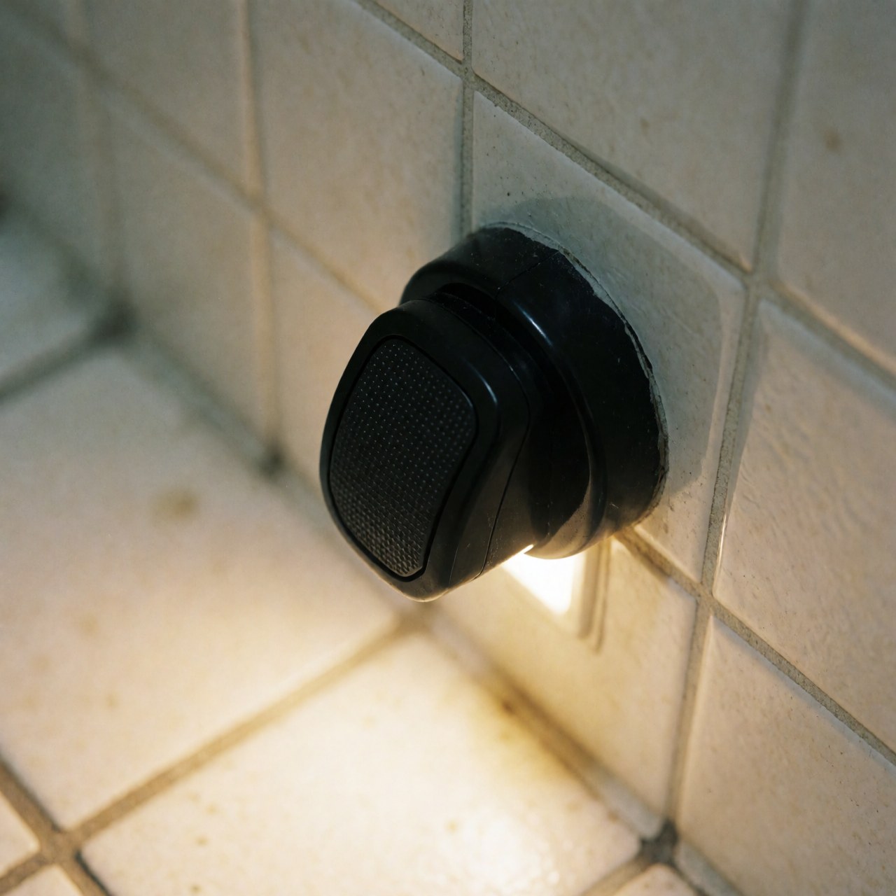 Bouton noir d'alarme fixé sur un mur de salle de bain carrelé, éclairé par une lumière chaude, adapté aux services de réparation d'alarmes.