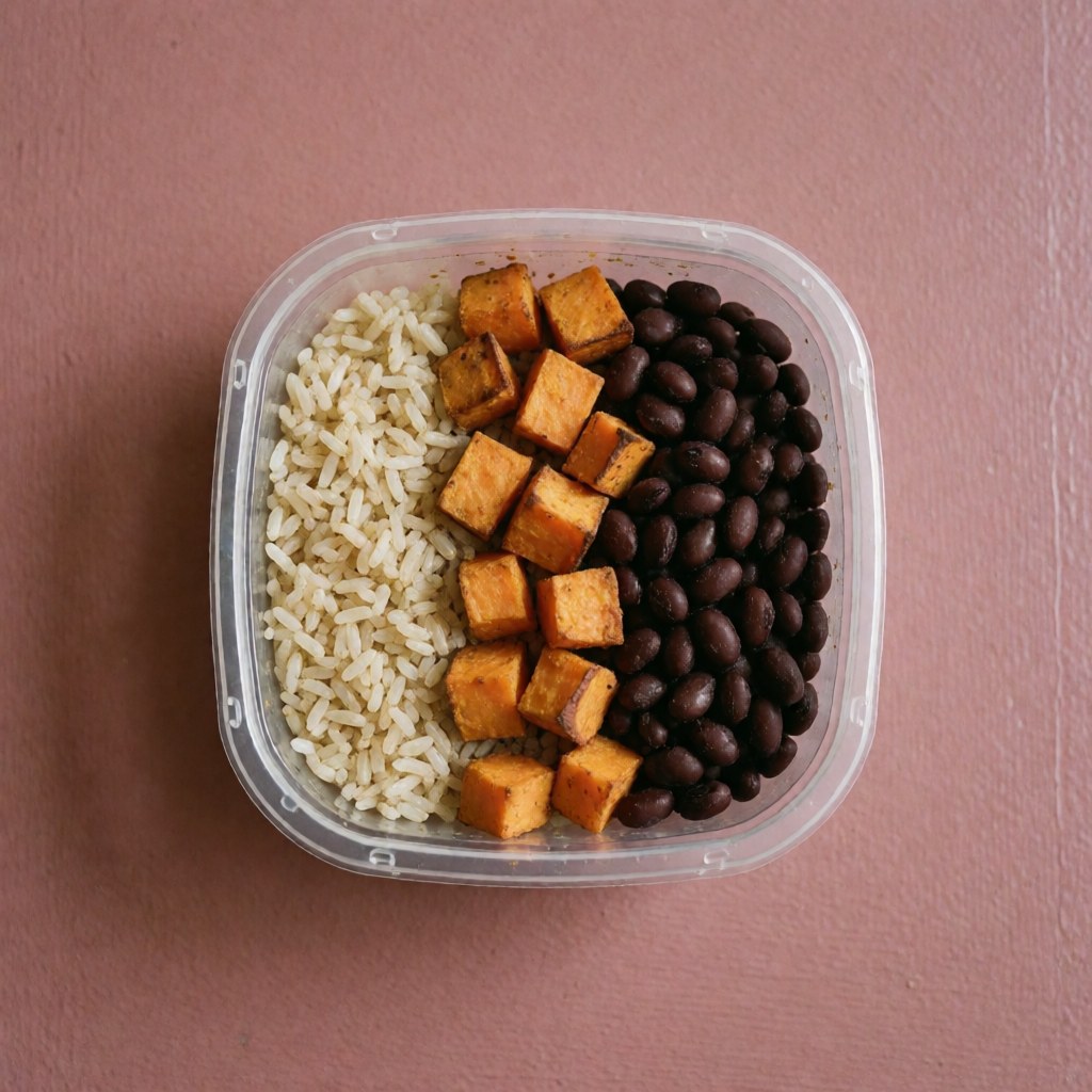 Vue de dessus d'un contenant de repas équilibré pour sportifs sur fond rose, contenant du riz, des haricots et de la patate douce.