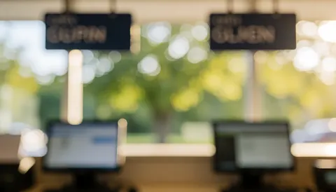 Fond de check-in avec écrans et panneaux flous, feuillage vert en bokeh, idéal pour textes commerciaux.