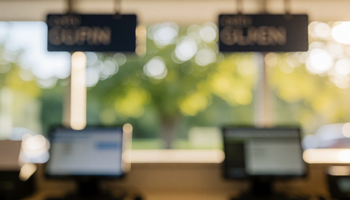 Fond de check-in avec écrans et panneaux flous, feuillage vert en bokeh, idéal pour textes commerciaux.