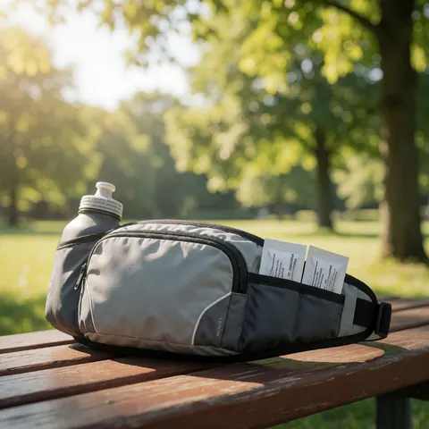 Ceinture d'hydratation avec bouteille et gels énergétiques posée sur un banc en bois, éclairage naturel, arrière-plan flou de verdure.