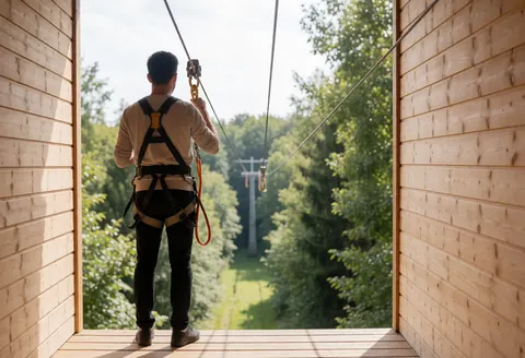 Personne portant un harnais de sécurité sur une plateforme en bois, prête à pratiquer la tyrolienne dans un parc de aventure en extérieur avec vue sur la forêt.