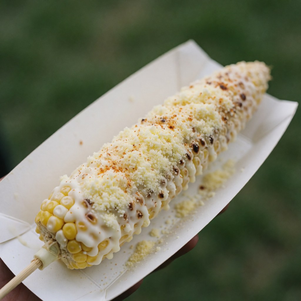 Épi de maïs grillé garni de mayonnaise blanche, de fromage râpé et d'épices, posé sur du papier blanc devant un fond vert.