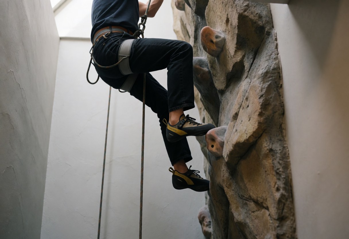Personne escaladant un mur artificiel avec des chaussures, une corde et un harnais sur un mur en pierre texturée sous la lumière naturelle.