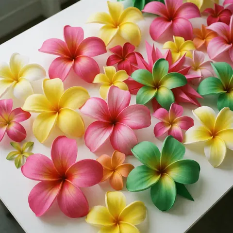 Des fleurs tropicales aux couleurs vives comme le rose, le jaune et le vert disposées sur une table blanche, idéales pour la décoration d'un parc à thème.