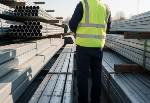 Un ouvrier du bâtiment portant un gilet de sécurité organise des poutres en acier dans une cour de stockage extérieure sous la lumière naturelle.
