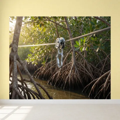 Corde de tyrolienne équipée d'un mousqueton métallique suspendue entre les racines des mangroves au-dessus d'un canal d'eau, baignée par la lumière du matin.