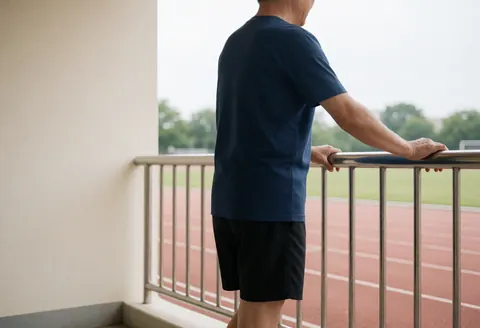 Un entraîneur d'athlétisme effectue un étirement de la jambe contre une barrière métallique sur une piste, avec des couloirs et un ciel nuageux en arrière-plan.