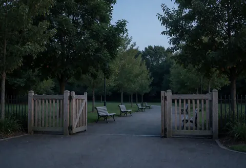 Une porte en bois entrouverte donnant sur un parc au crépuscule avec des chemins, des bancs vides, des arbres et un ciel sombre évoquant la tranquillité.