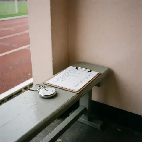 Un chronomètre de poche et un carnet de notes posés sur un banc en bois dans une zone d'athlétisme avec une piste visible en arrière-plan sous une lumière diffuse.